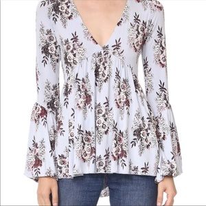 Free People Blue Floral Long Bell Sleeve Blouse
